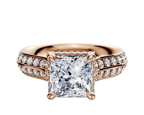 14K Rose Gold 4 Prong Collar Cathedral Knife Edge 1-Row-Pave 2.5mm Engagement Ring