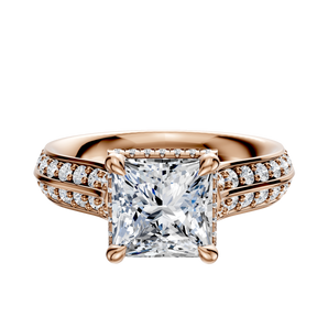 14K Rose Gold 4 Prong Collar Cathedral Knife Edge 1-Row-Pave 2.5mm Engagement Ring