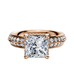 14K Rose Gold 4 Prong Collar Classic Knife Edge 1-Row-Pave 2.5mm Engagement Ring