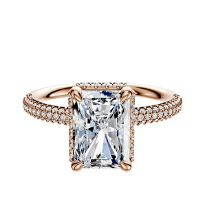 14K Rose Gold 4 Prong Collar Classic Dome 3-Row-Pave 2.0mm Engagement Ring