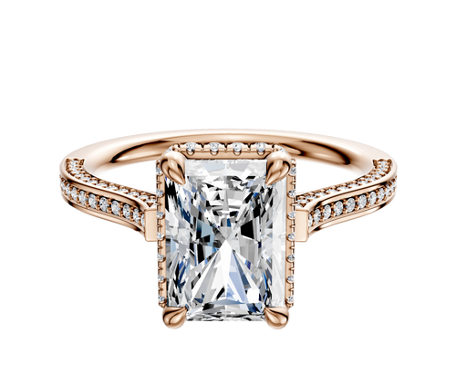 14K Rose Gold 4 Prong Collar Cathedral Flat 3-Row-Pave 2.0mm Engagement Ring