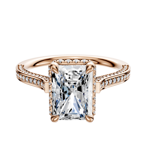 14K Rose Gold 4 Prong Collar Cathedral Flat 3-Row-Pave 2.0mm Engagement Ring