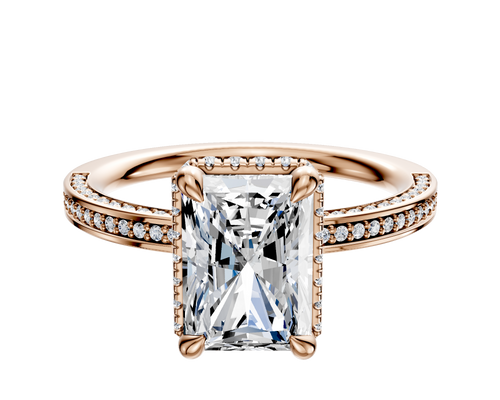 14K Rose Gold 4 Prong Collar Classic Flat 3-Row-Pave 2.0mm Engagement Ring