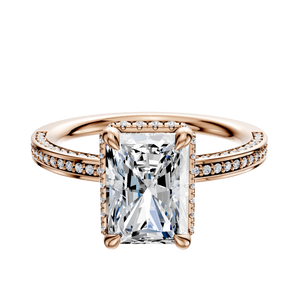 14K Rose Gold 4 Prong Collar Classic Flat 3-Row-Pave 2.0mm Engagement Ring