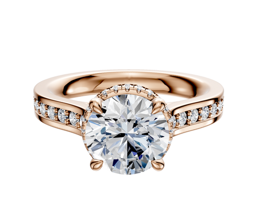 14K Rose Gold 4 Prong Collar Cathedral Flat 1-Row-Pave 2.5mm Engagement Ring