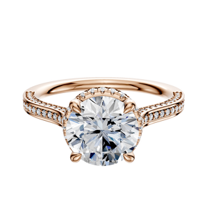 14K Rose Gold 4 Prong Collar Cathedral Flat 3-Row-Pave 2.0mm Engagement Ring