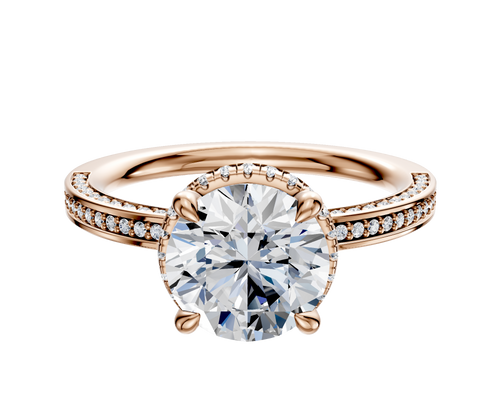 14K Rose Gold 4 Prong Collar Classic Flat 3-Row-Pave 2.0mm Engagement Ring