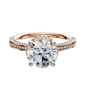 14K Rose Gold 4 Prong Collar Classic Flat 3-Row-Pave 2.0mm Engagement Ring