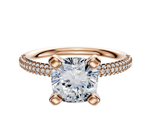 14K Rose Gold 4 Prong Classic Dome 3-Row-Pave 2.0mm Engagement Ring