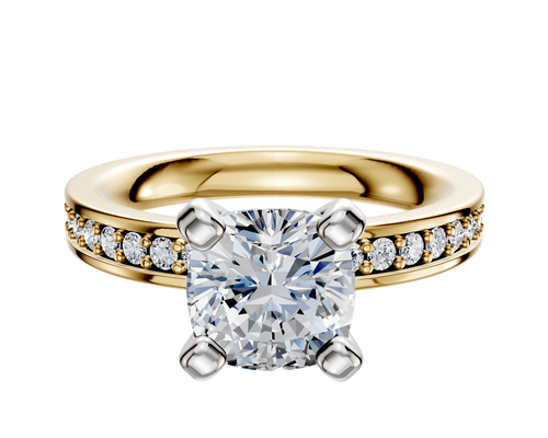 18K Two Tone 4 Prong Classic Flat 1-Row-Pave 2.5mm Engagement Ring