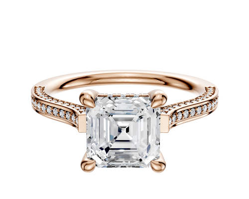 14K Rose Gold 4 Prong Hidden Halo Cathedral Flat 3-Row-Pave 2.0mm Engagement Ring