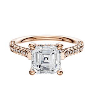 14K Rose Gold 4 Prong Hidden Halo Cathedral Flat 3-Row-Pave 2.0mm Engagement Ring