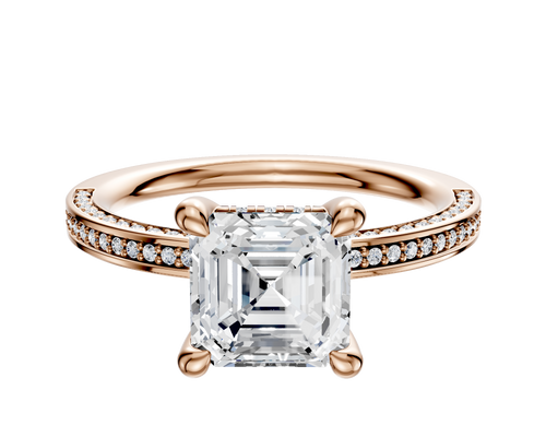 14K Rose Gold 4 Prong Hidden Halo Classic Flat 3-Row-Pave 2.0mm Engagement Ring