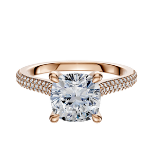 14K Rose Gold 4 Prong Hidden Halo Cathedral Dome 3-Row-Pave 2.0mm Engagement Ring