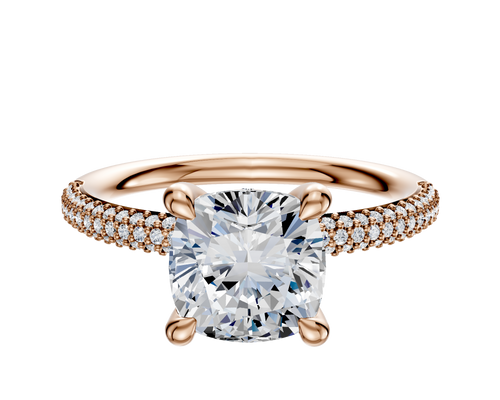 14K Rose Gold 4 Prong Hidden Halo Classic Dome 3-Row-Pave 2.0mm Engagement Ring