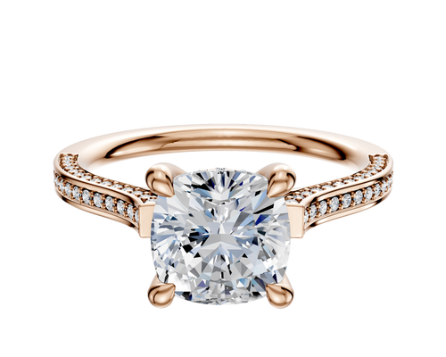 14K Rose Gold 4 Prong Hidden Halo Cathedral Flat 3-Row-Pave 2.0mm Engagement Ring