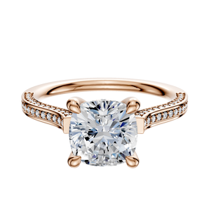 14K Rose Gold 4 Prong Hidden Halo Cathedral Flat 3-Row-Pave 2.0mm Engagement Ring