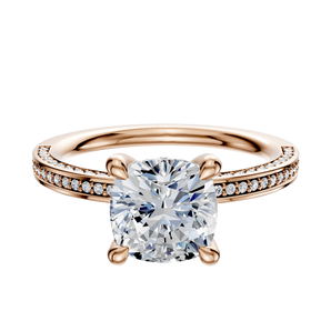 14K Rose Gold 4 Prong Hidden Halo Classic Flat 3-Row-Pave 2.0mm Engagement Ring