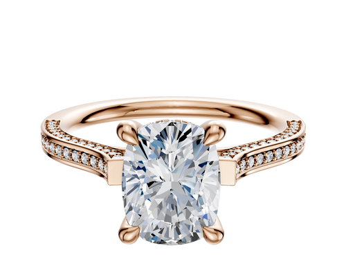 14K Rose Gold 4 Prong Hidden Halo Cathedral Flat 3-Row-Pave 2.0mm Engagement Ring