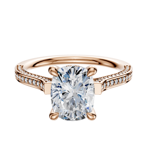 14K Rose Gold 4 Prong Hidden Halo Cathedral Flat 3-Row-Pave 2.0mm Engagement Ring