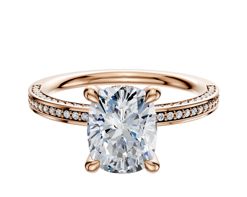 14K Rose Gold 4 Prong Hidden Halo Classic Flat 3-Row-Pave 2.0mm Engagement Ring