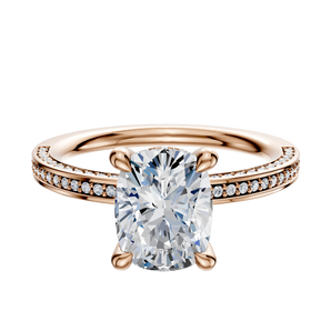 14K Rose Gold 4 Prong Hidden Halo Classic Flat 3-Row-Pave 2.0mm Engagement Ring