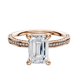 14K Rose Gold 4 Prong Hidden Halo Classic Flat 3-Row-Pave 2.0mm Engagement Ring