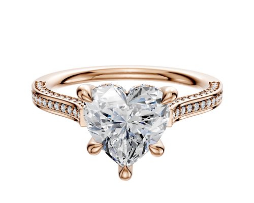 14K Rose Gold 4 Prong Hidden Halo Cathedral Flat 3-Row-Pave 2.0mm Engagement Ring