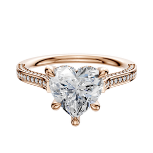 14K Rose Gold 4 Prong Hidden Halo Cathedral Flat 3-Row-Pave 2.0mm Engagement Ring