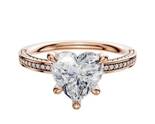 14K Rose Gold 4 Prong Hidden Halo Classic Flat 3-Row-Pave 2.0mm Engagement Ring