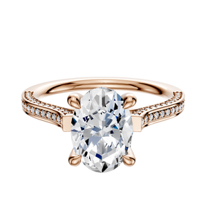 14K Rose Gold 4 Prong Hidden Halo Cathedral Flat 3-Row-Pave 2.0mm Engagement Ring