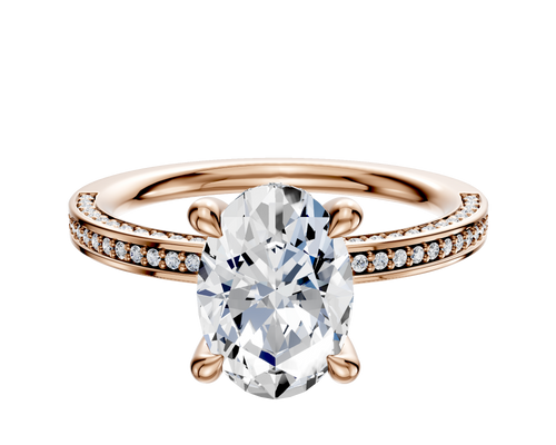 14K Rose Gold 4 Prong Hidden Halo Classic Flat 3-Row-Pave 2.0mm Engagement Ring