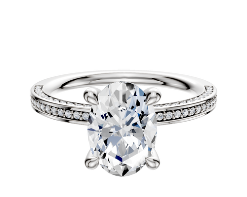 18K White Gold 4 Prong Hidden Halo Classic Flat 3-Row-Pave 2.0mm Engagement Ring