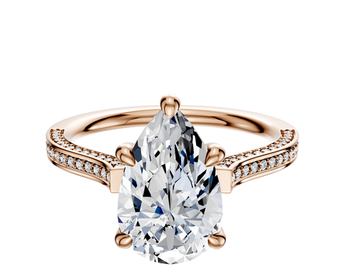 14K Rose Gold 4 Prong Hidden Halo Cathedral Flat 3-Row-Pave 2.0mm Engagement Ring