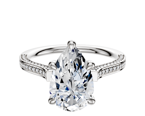14K White Gold 4 Prong Hidden Halo Cathedral Flat 3-Row-Pave 2.0mm Engagement Ring