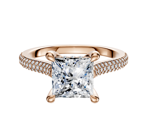 14K Rose Gold 4 Prong Hidden Halo Cathedral Dome 3-Row-Pave 2.0mm Engagement Ring