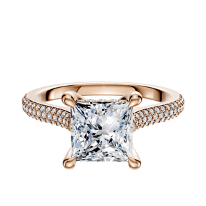 14K Rose Gold 4 Prong Hidden Halo Cathedral Dome 3-Row-Pave 2.0mm Engagement Ring