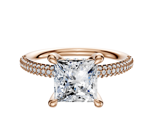 14K Rose Gold 4 Prong Hidden Halo Classic Dome 3-Row-Pave 2.0mm Engagement Ring