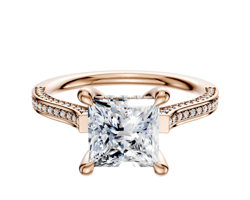 14K Rose Gold 4 Prong Hidden Halo Cathedral Flat 3-Row-Pave 2.0mm Engagement Ring