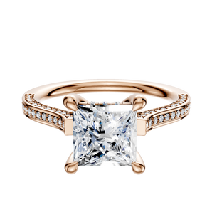 14K Rose Gold 4 Prong Hidden Halo Cathedral Flat 3-Row-Pave 2.0mm Engagement Ring