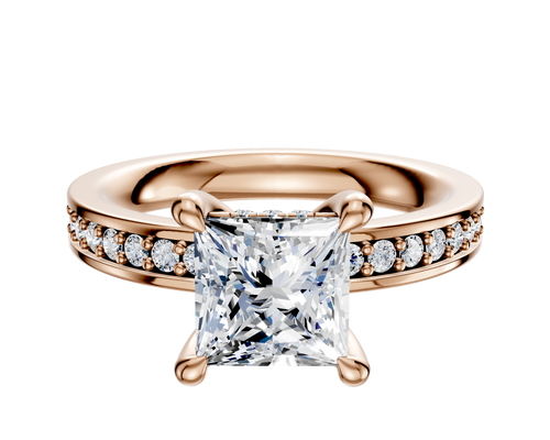 14K Rose Gold 4 Prong Hidden Halo Classic Flat 1-Row-Pave 2.5mm Engagement Ring