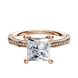 14K Rose Gold 4 Prong Hidden Halo Classic Flat 3-Row-Pave 2.0mm Engagement Ring