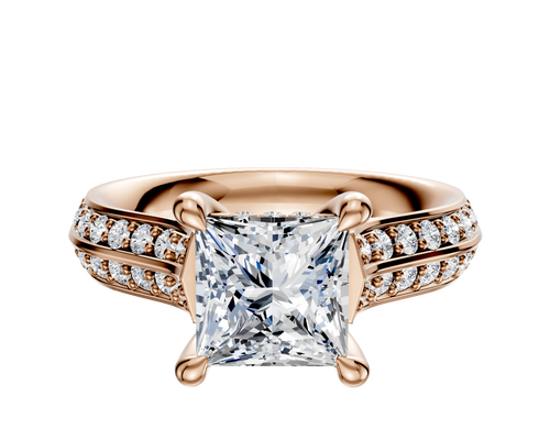 14K Rose Gold 4 Prong Hidden Halo Cathedral Knife Edge 1-Row-Pave 2.5mm Engagement Ring