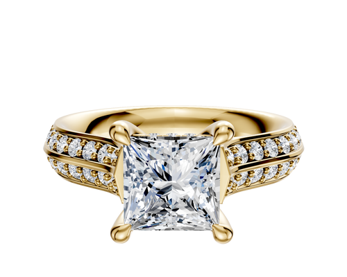 14K Yellow Gold 4 Prong Hidden Halo Cathedral Knife Edge 1-Row-Pave 2.5mm Engagement Ring