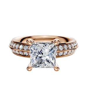 14K Rose Gold 4 Prong Hidden Halo Classic Knife Edge 1-Row-Pave 2.5mm Engagement Ring