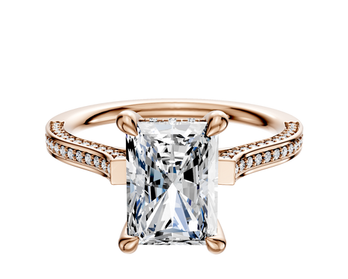 14K Rose Gold 4 Prong Hidden Halo Cathedral Flat 3-Row-Pave 2.0mm Engagement Ring