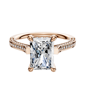 14K Rose Gold 4 Prong Hidden Halo Cathedral Flat 3-Row-Pave 2.0mm Engagement Ring