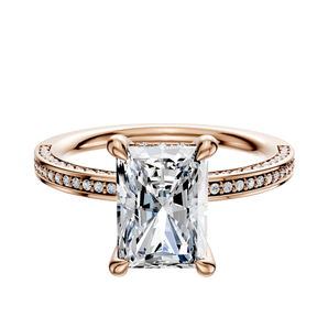 14K Rose Gold 4 Prong Hidden Halo Classic Flat 3-Row-Pave 2.0mm Engagement Ring