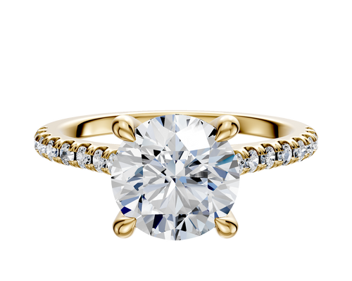 14K Yellow Gold 4 Prong Hidden Halo Cathedral Dome 1-Row-Pave 2.5mm Engagement Ring
