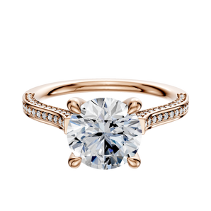 14K Rose Gold 4 Prong Hidden Halo Cathedral Flat 3-Row-Pave 2.0mm Engagement Ring